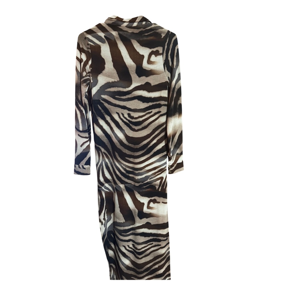 Fashion Nova Zebra Print Midi Shirt Dress Brown White Long Sleeve XS SHJ3048